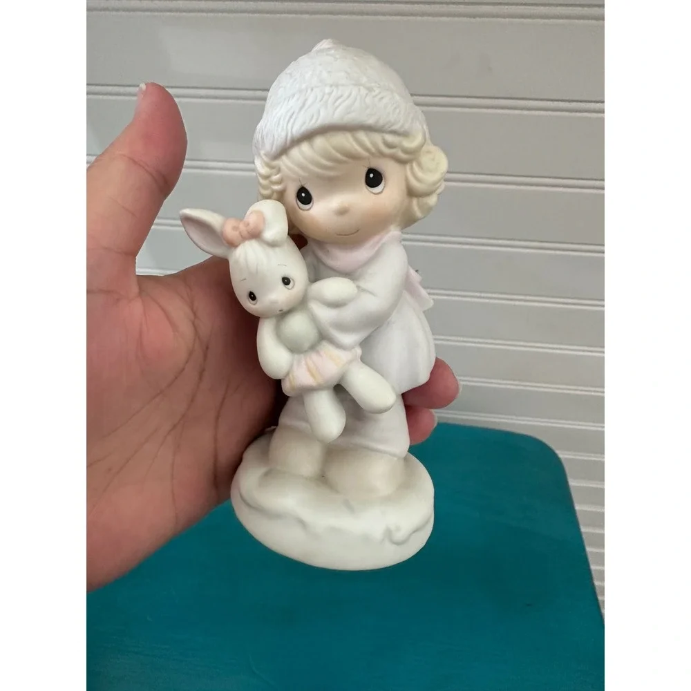 Porcelain Girl Holding Bunny Rabbit Figurine Pastel Pink Cute Cottagecore Decor